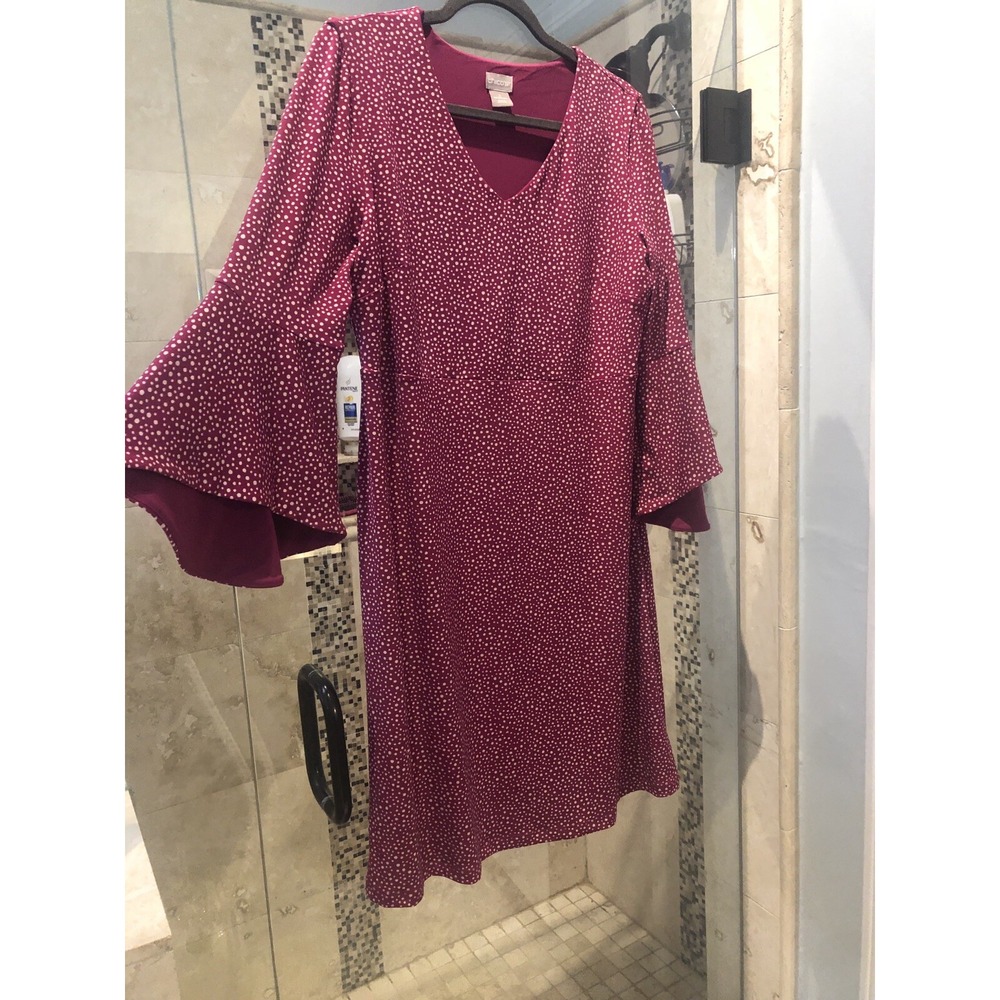 Chico's Raspberry Pink print dress Dot knit Jersey 1 M Bell Sleeve